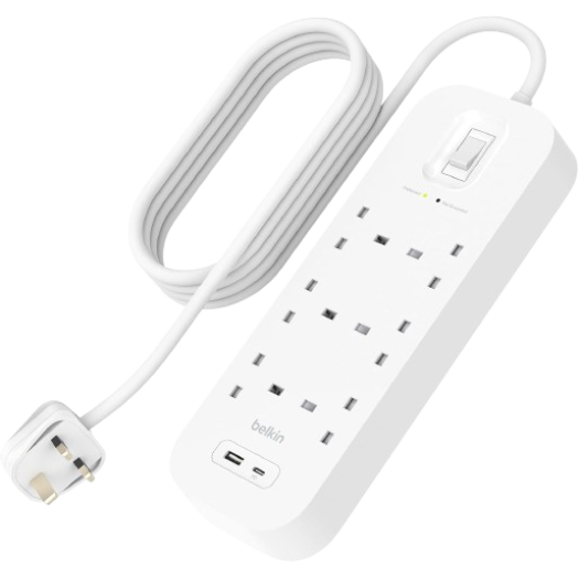 Belkin 6-Outlet Surge Protector Power Strip, Wall-Mountable with 6 AC Outlets, 2M Power Cord, & Green Indicator Light - USB-C Port & USB-A Port w/USB-C PD Fast Charging - 650 Joules of Protection